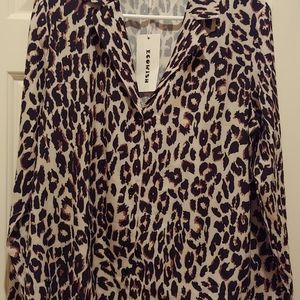 Ecowish Womens Casual Top V Neck Leopard  Button Shirt Relaxed Fit Medium NWT